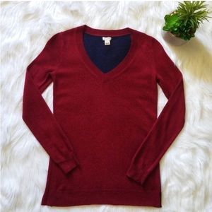 J.Crew size XSP two tone red colorblock navy blue wool blend sweater long sleeve